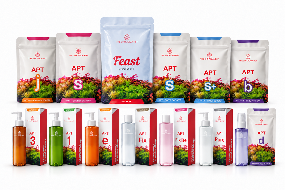 The 2Hr Aquarist APT product range, including Feast, on white