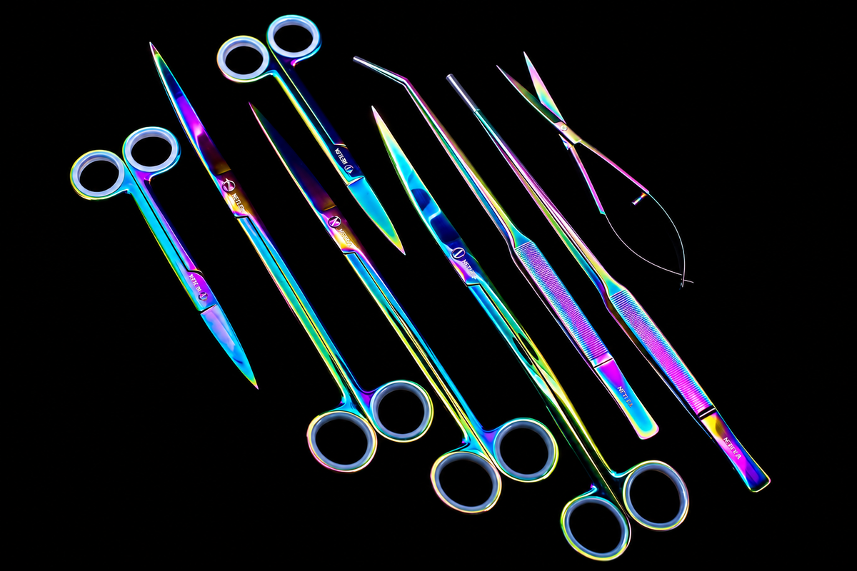 Netlea iridescent aquascaping scissors and tweezers on a black background