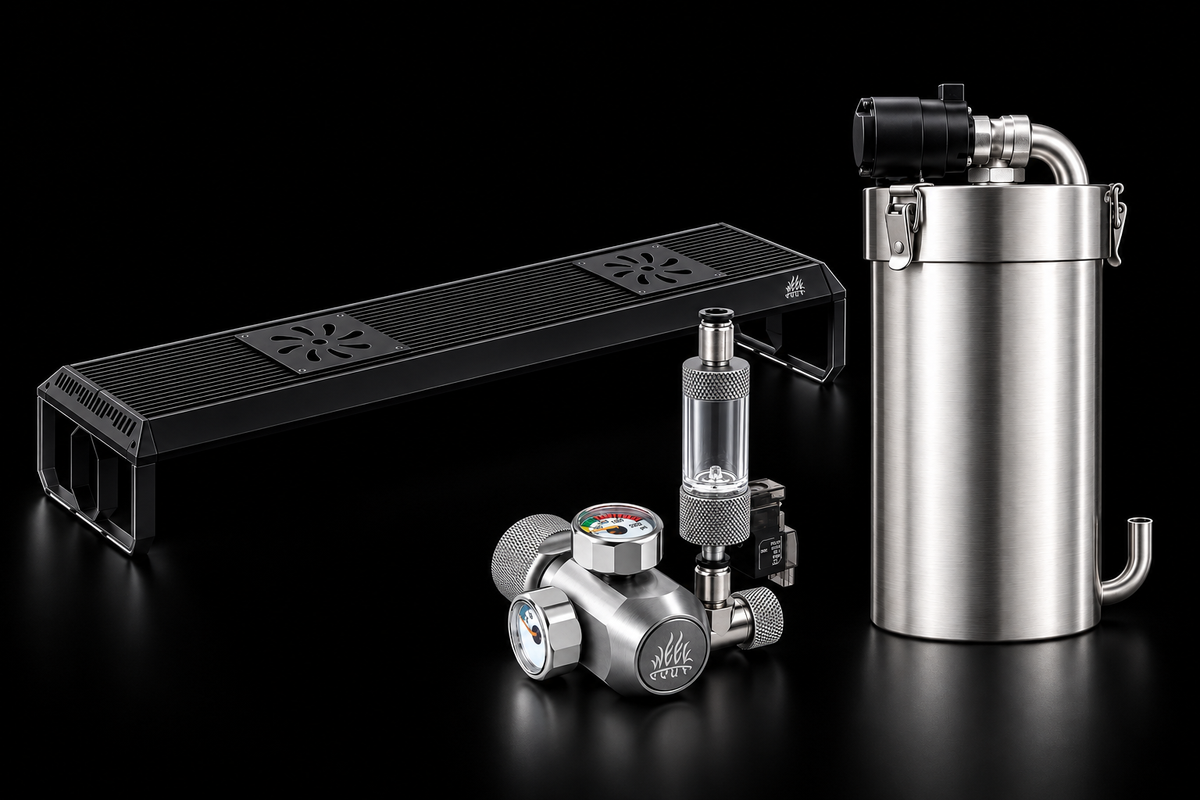 WEEK AQUA aquarium light, stainless-steel mini canister filter and CO2 regulator on a black studio background