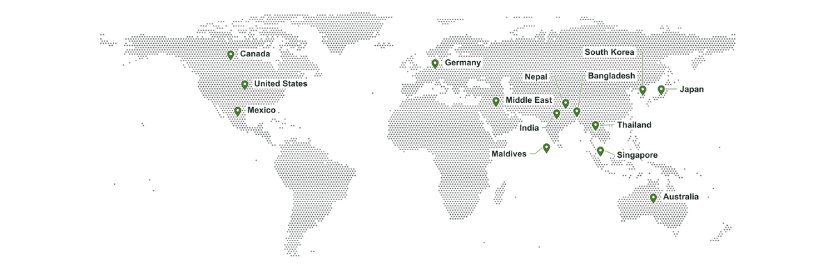 Sreepadma map: United States, Mexico, Canada, Germany, Middle East, Maldives, India, Nepal, Bangladesh, Thailand, Singapore, Australia, South Korea and Japan.